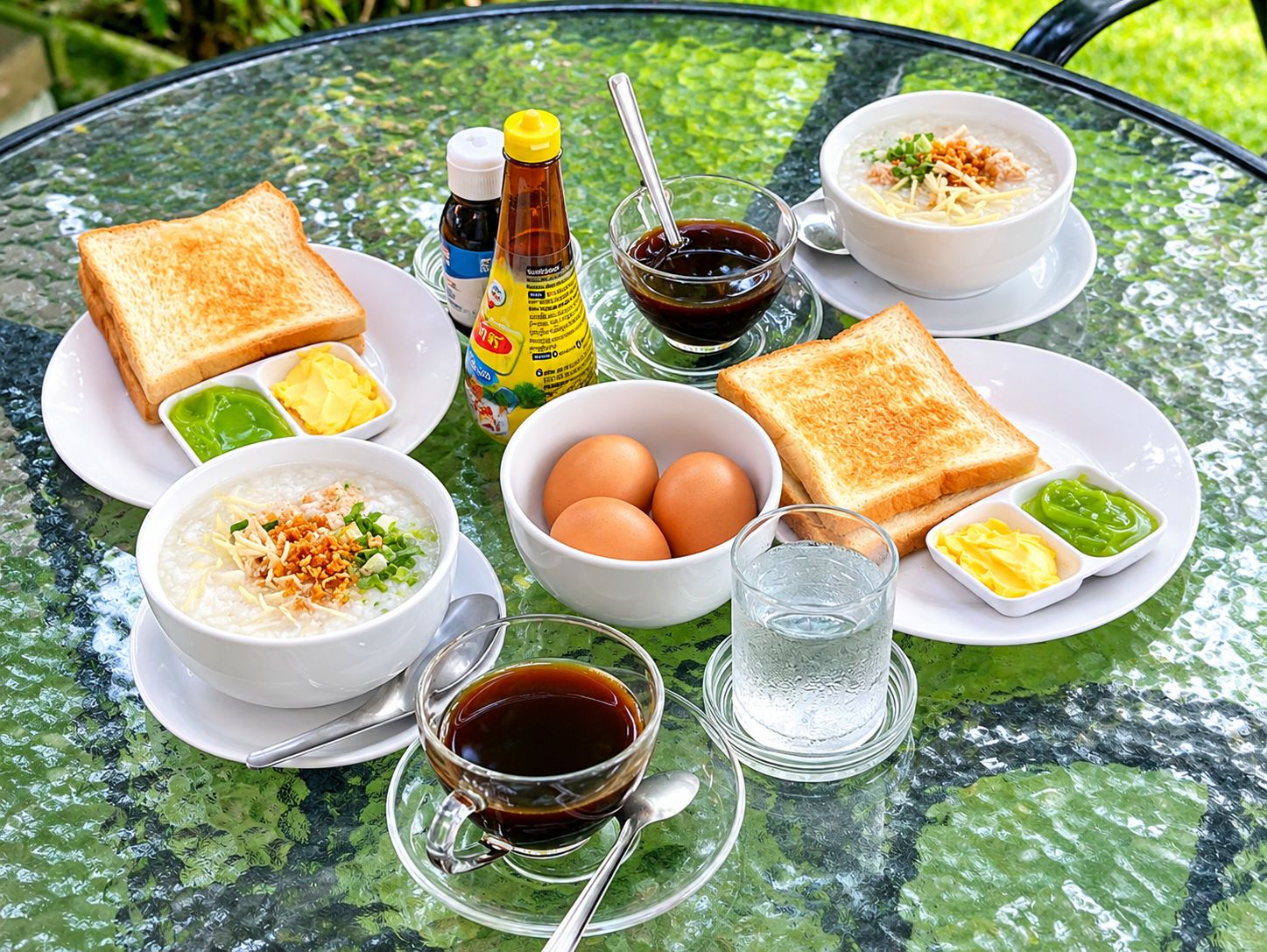 Une table dressée avec un repas composé d’une soupe, d’œufs, de pain grillé, de condiments et de boissons.