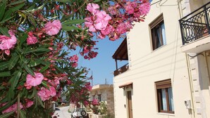 Una calle estrecha bordeada de edificios, un vehículo estacionado y árboles en flor.