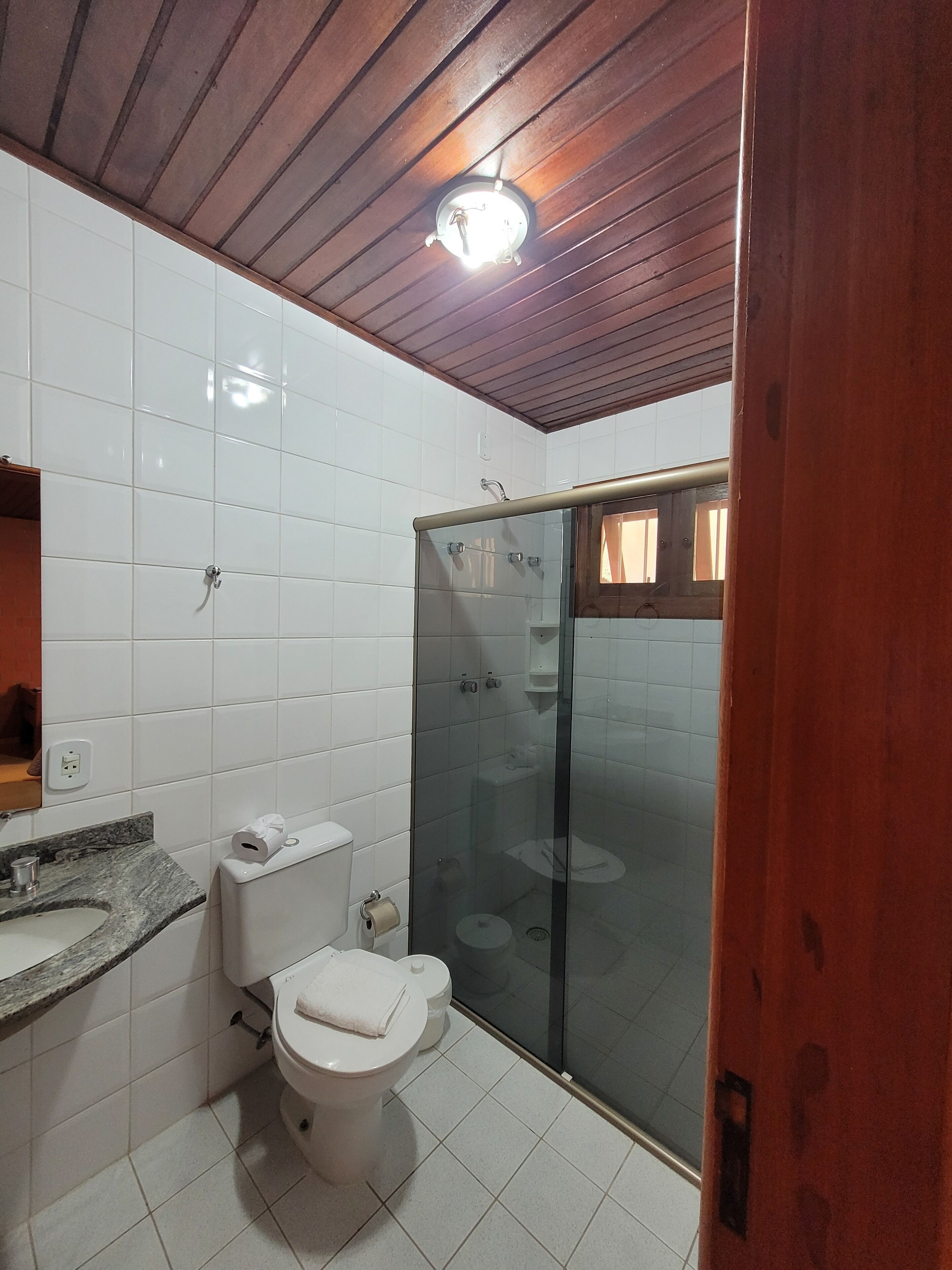 A bathroom with a toilet, sink, and glass shower enclosure.