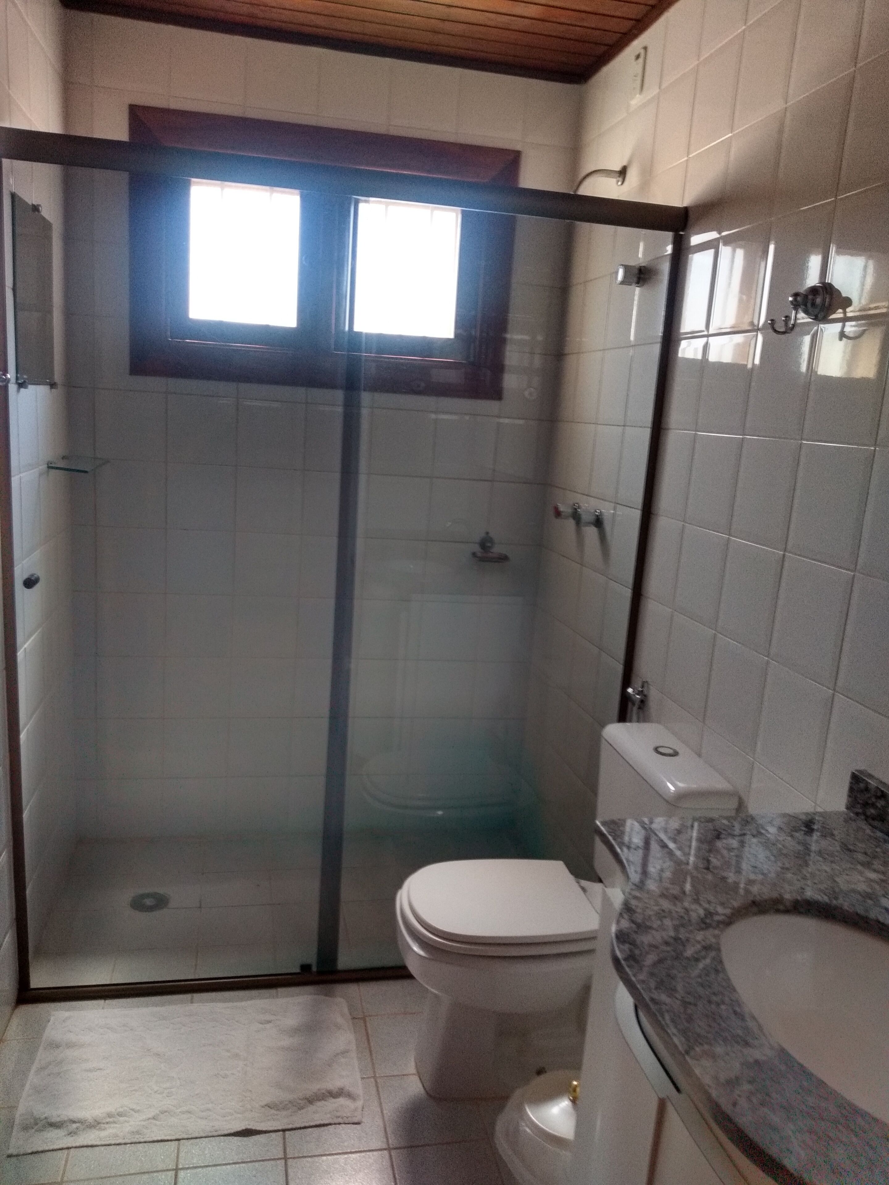 A bathroom with a glass-enclosed shower, a toilet, and a marble sink.
