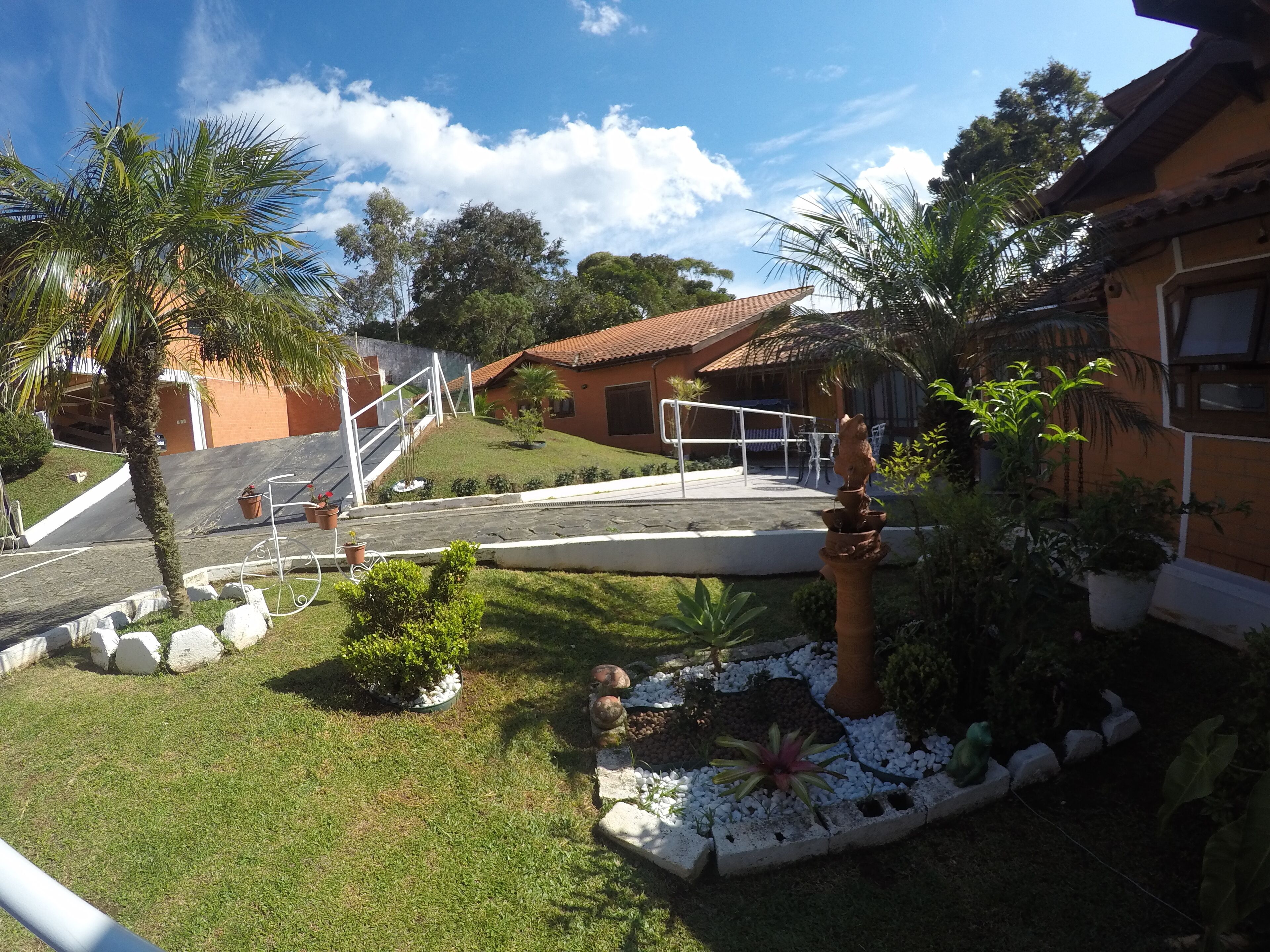 A residential area with a paved driveway, a staircase leading to a house, and a garden with various plants and a decorative fountain.
