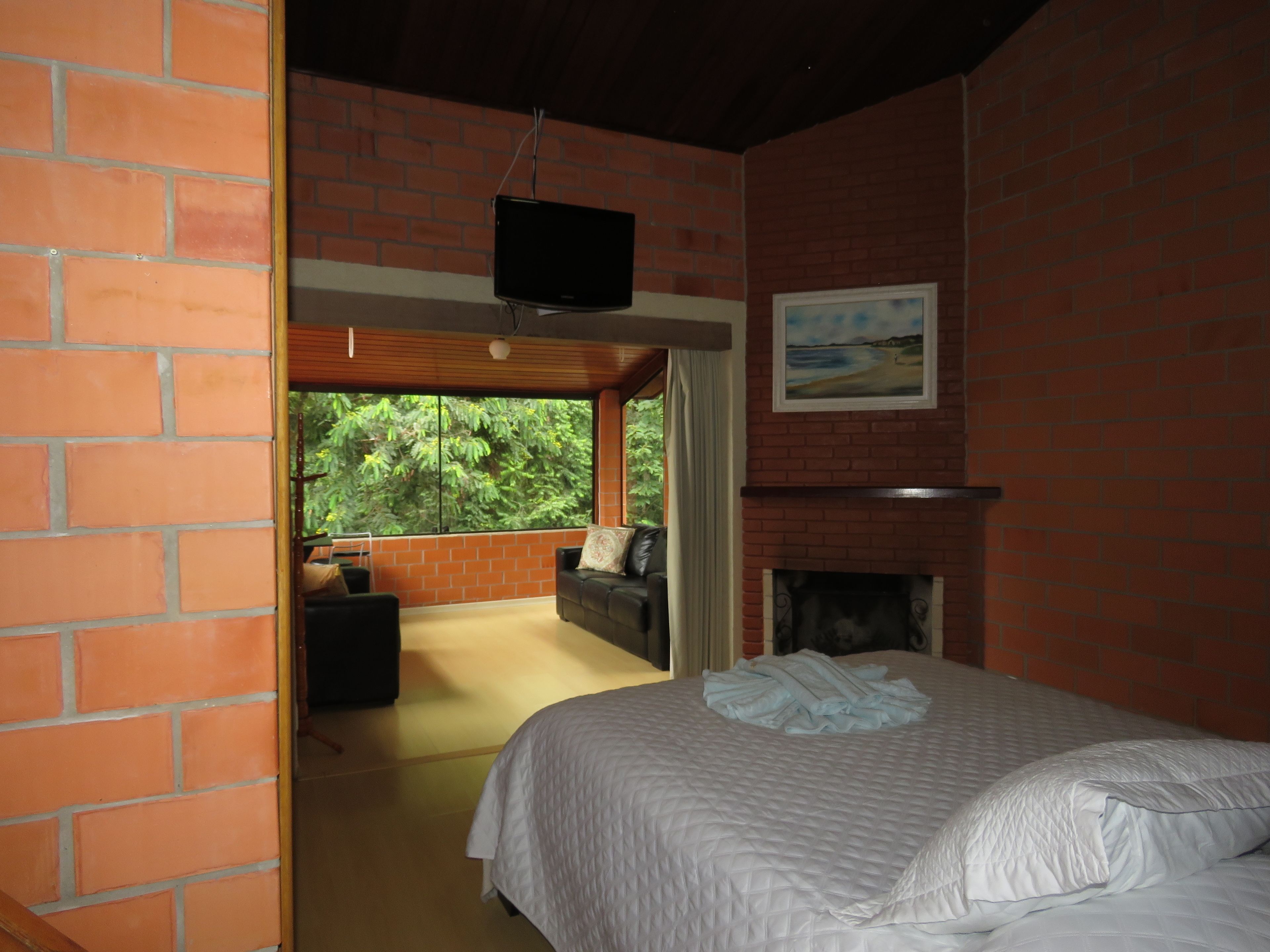 A bedroom with a bed, a fireplace, a TV, and a large window with a view of greenery.