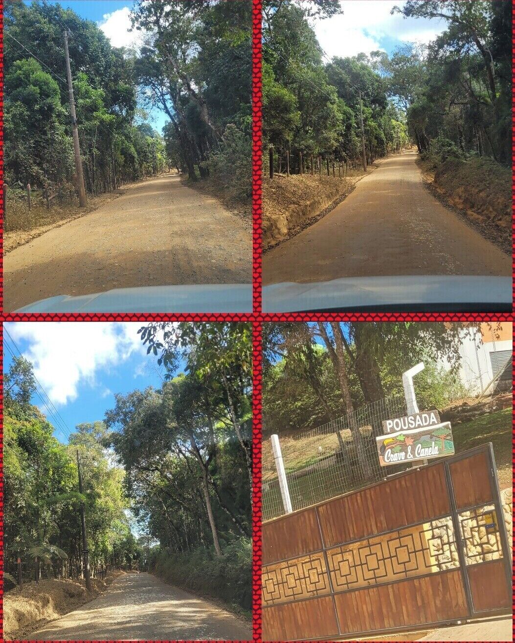 Un camino de tierra flanqueado por árboles que lleva a una zona cercada con un letrero que dice "POUSADA".