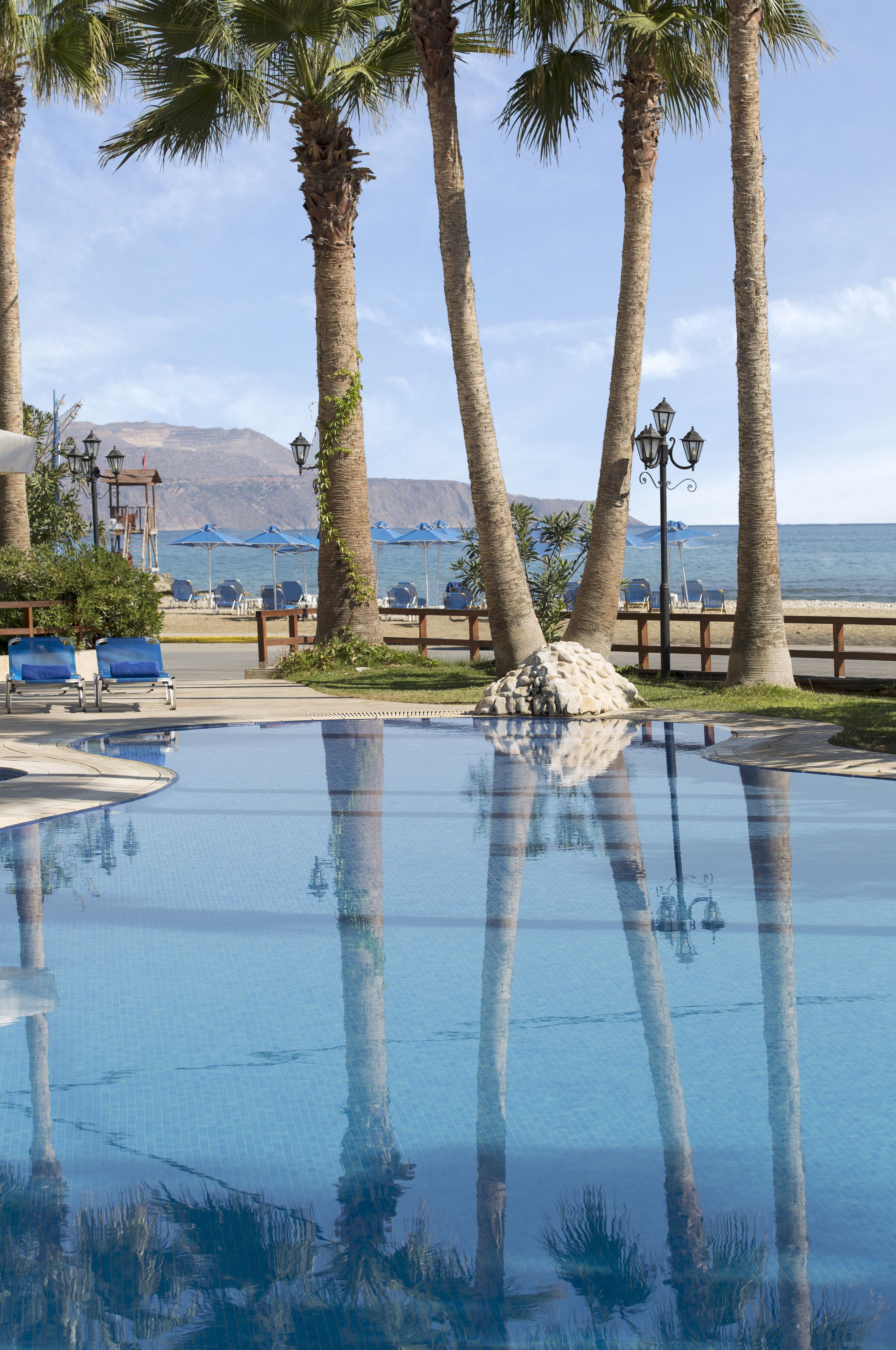 A pool area with palm trees, lounge chairs, and a view of the ocean.