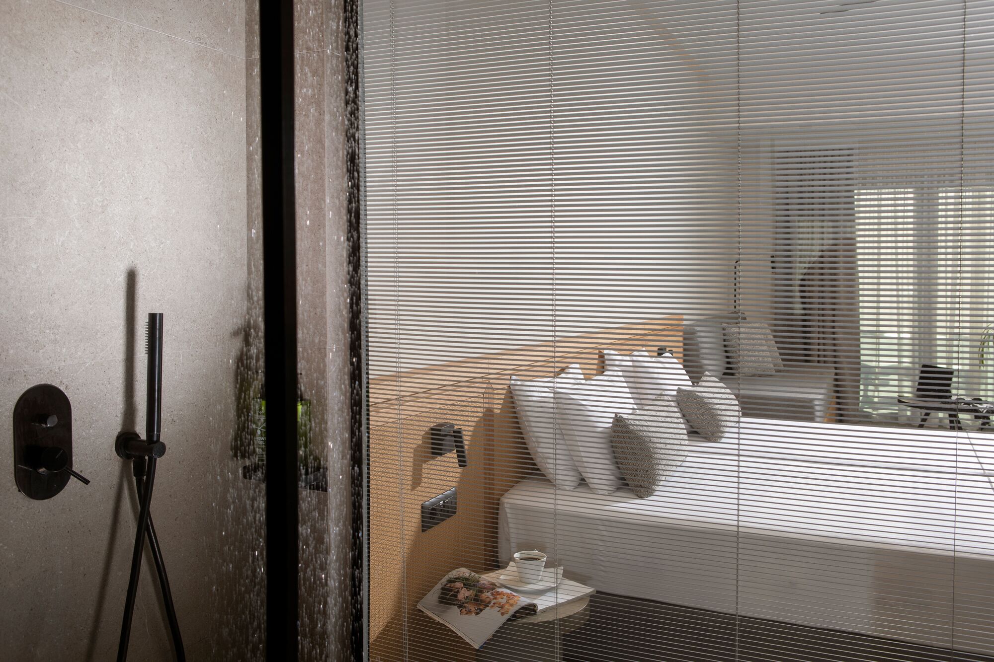 superior room balcony, side sea view in almyrida residence hotel | desk, laptop workspace, blackout curtains, iron/ironing board