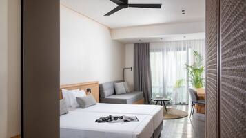 Superior Room Balcony, Side Sea view in Almyrida Residence Hotel | Desk, laptop workspace, blackout drapes, iron/ironing board