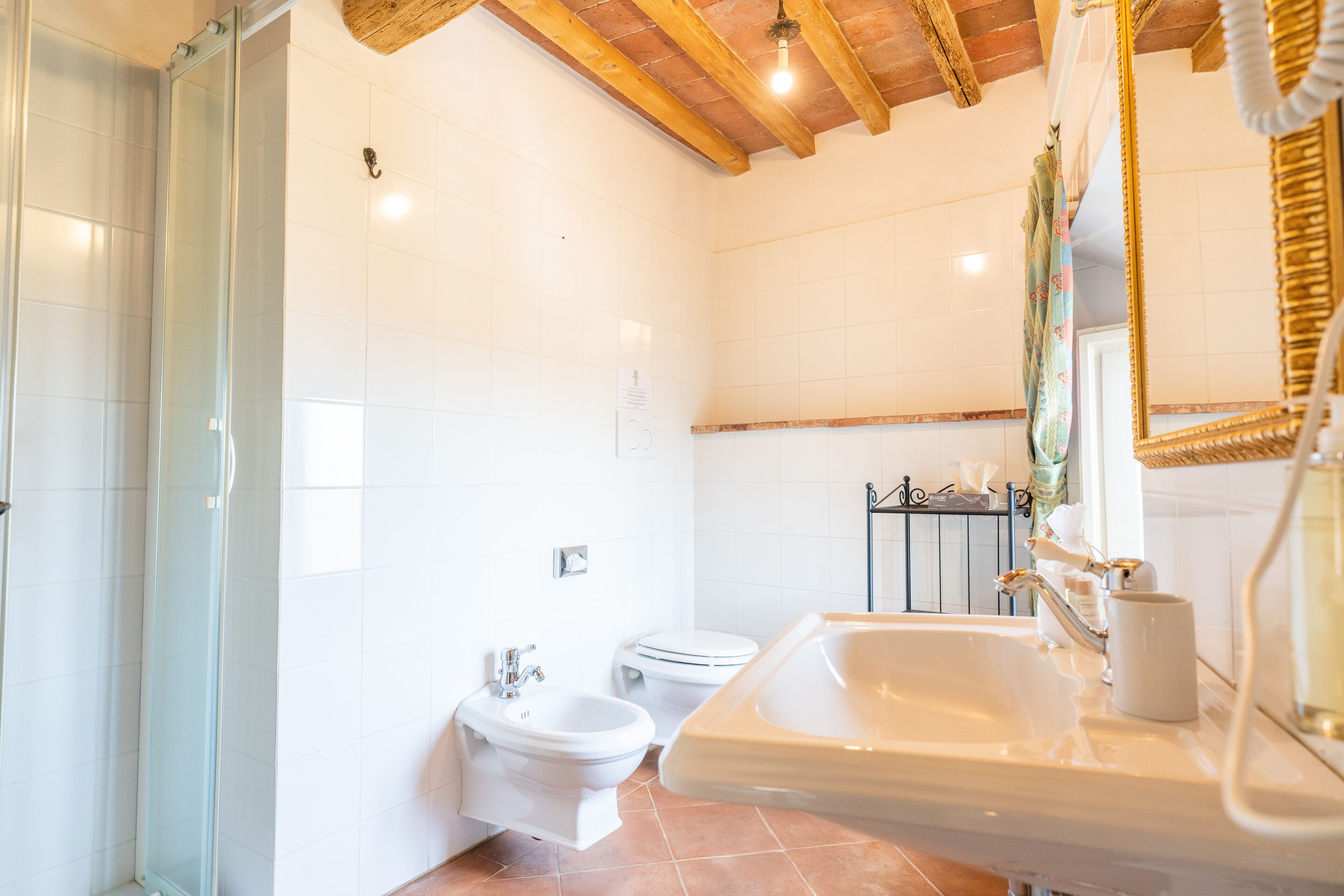 A bathroom with a glass shower enclosure, a sink with a mirror, a bidet, and a toilet.