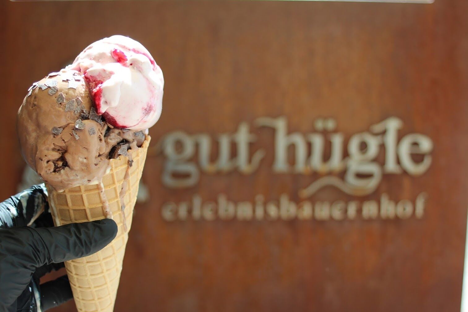 A hand holding an ice cream cone with a scoop of ice cream that appears to be chocolate and strawberry flavored, with chocolate pieces visible inside. The background features a sign with the text "gut hügel" and "erlebnissbauernhof".