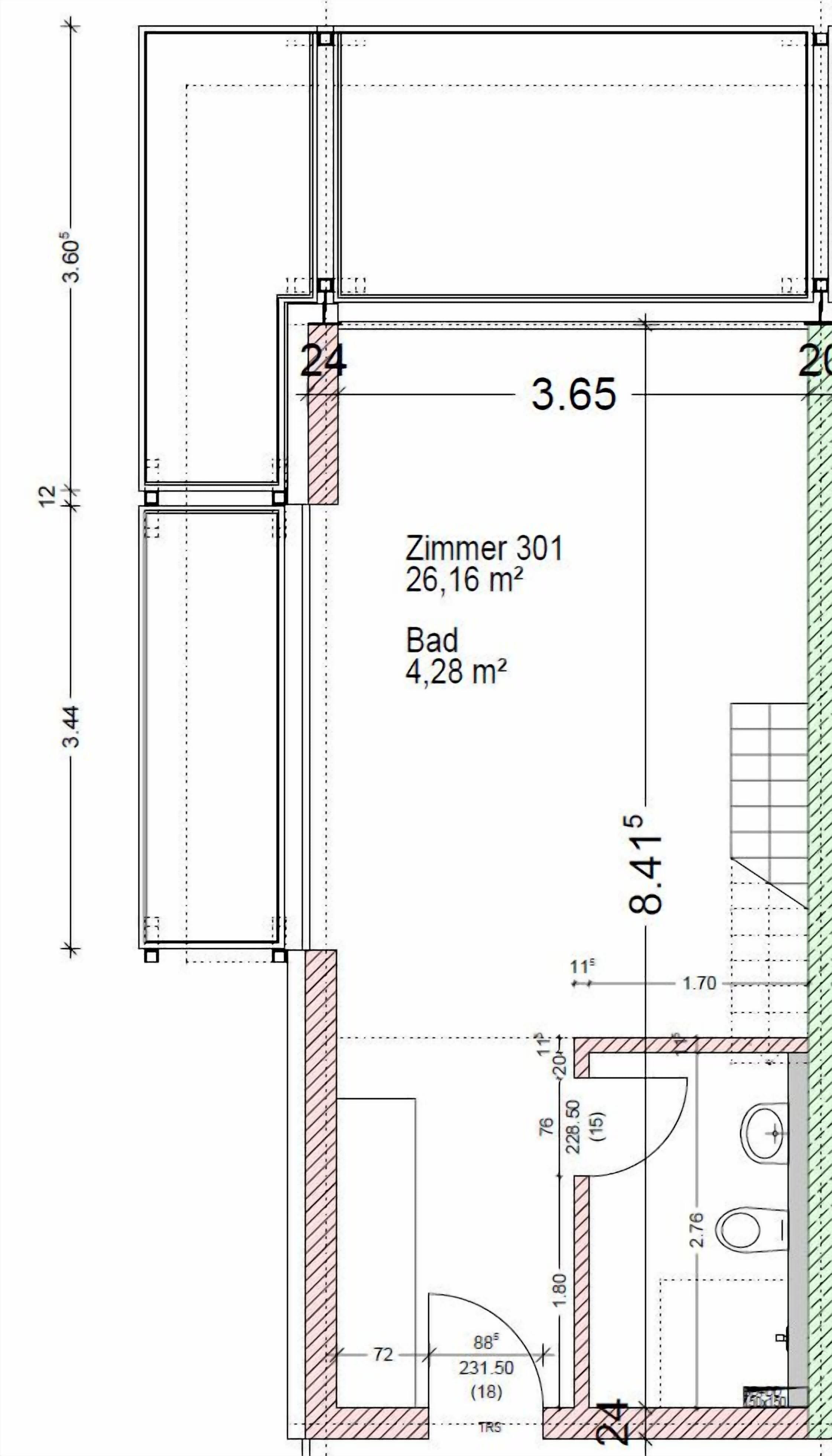 A floor plan of a room with dimensions and a bathroom layout.