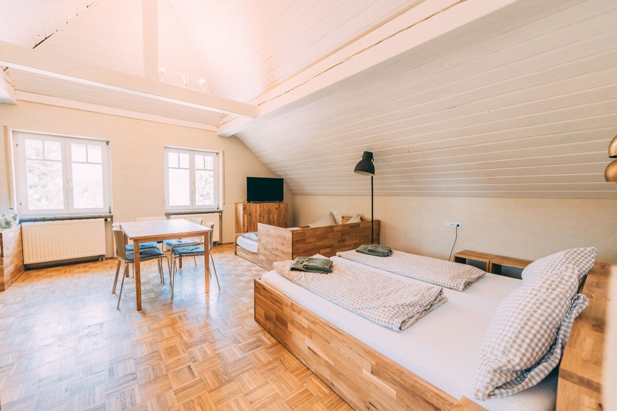 Estudio panorámico, cocineta, vista al jardín | Wifi gratis, muebles diferentes y ropa de cama