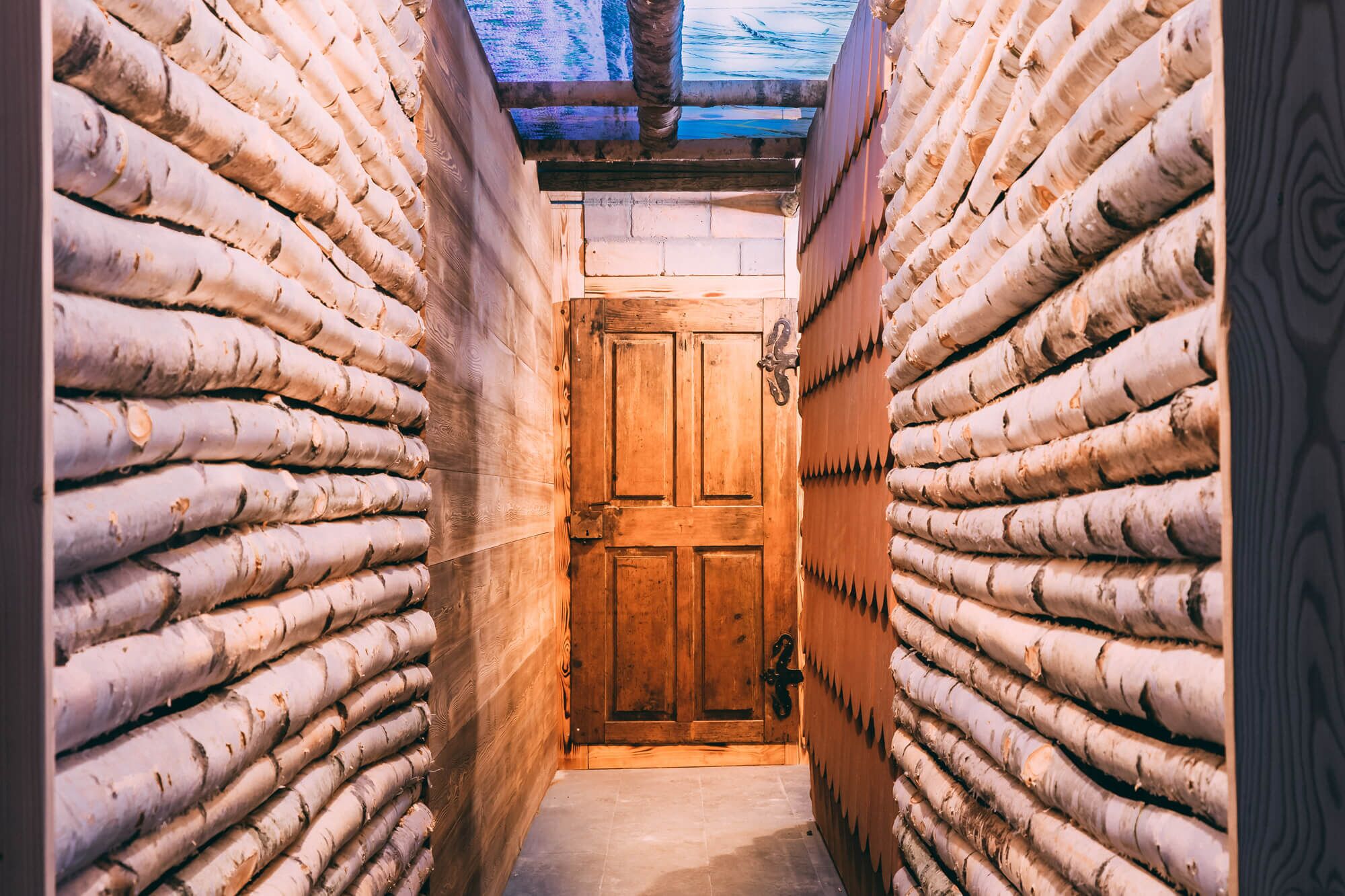 A narrow hallway with birch logs lining the walls, leading to a wooden door.