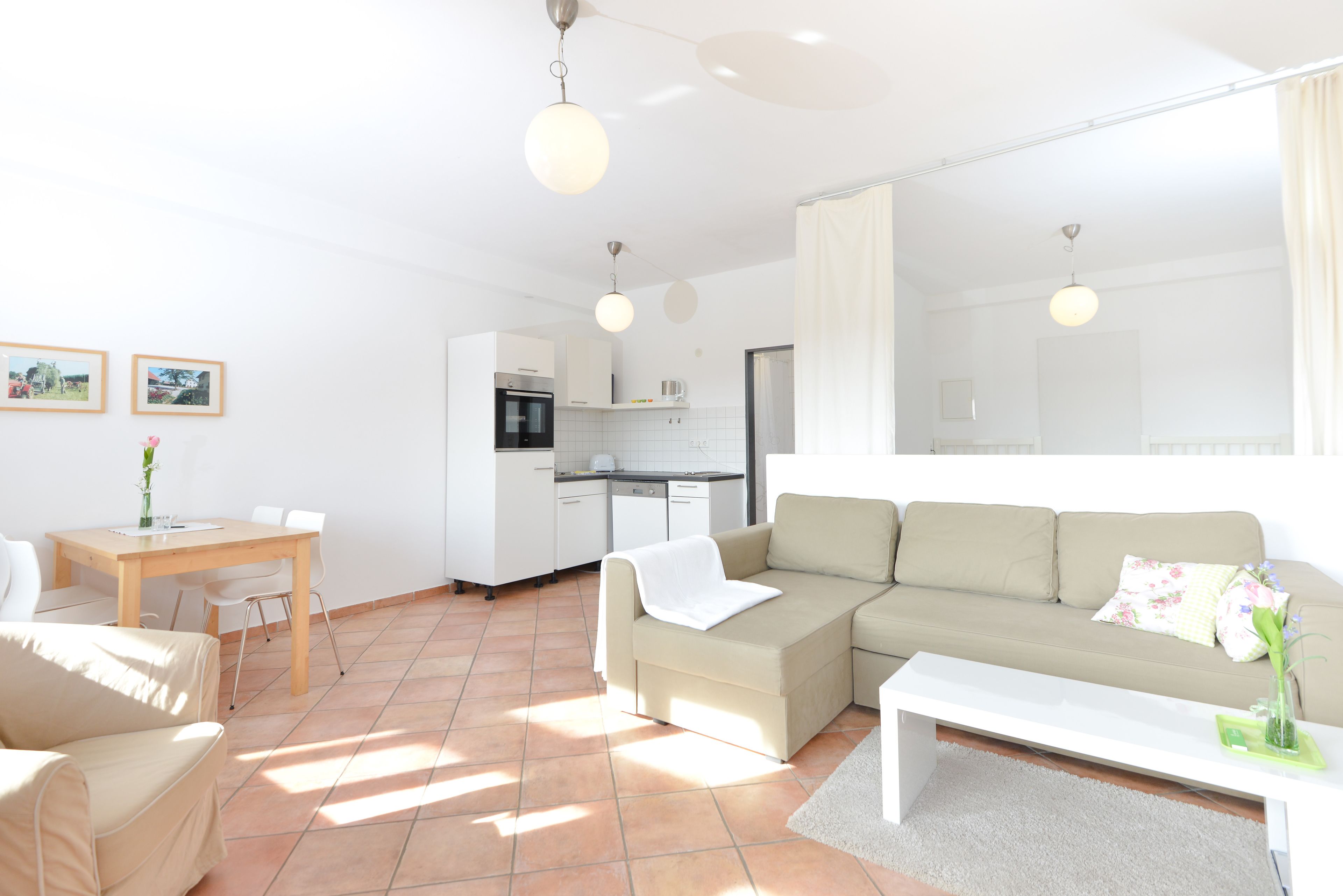 Un salon moderne avec un canapé, une table basse et une table à manger avec des chaises. On aperçoit à l’arrière-plan un coin cuisine avec des placards et des appareils électroménagers.