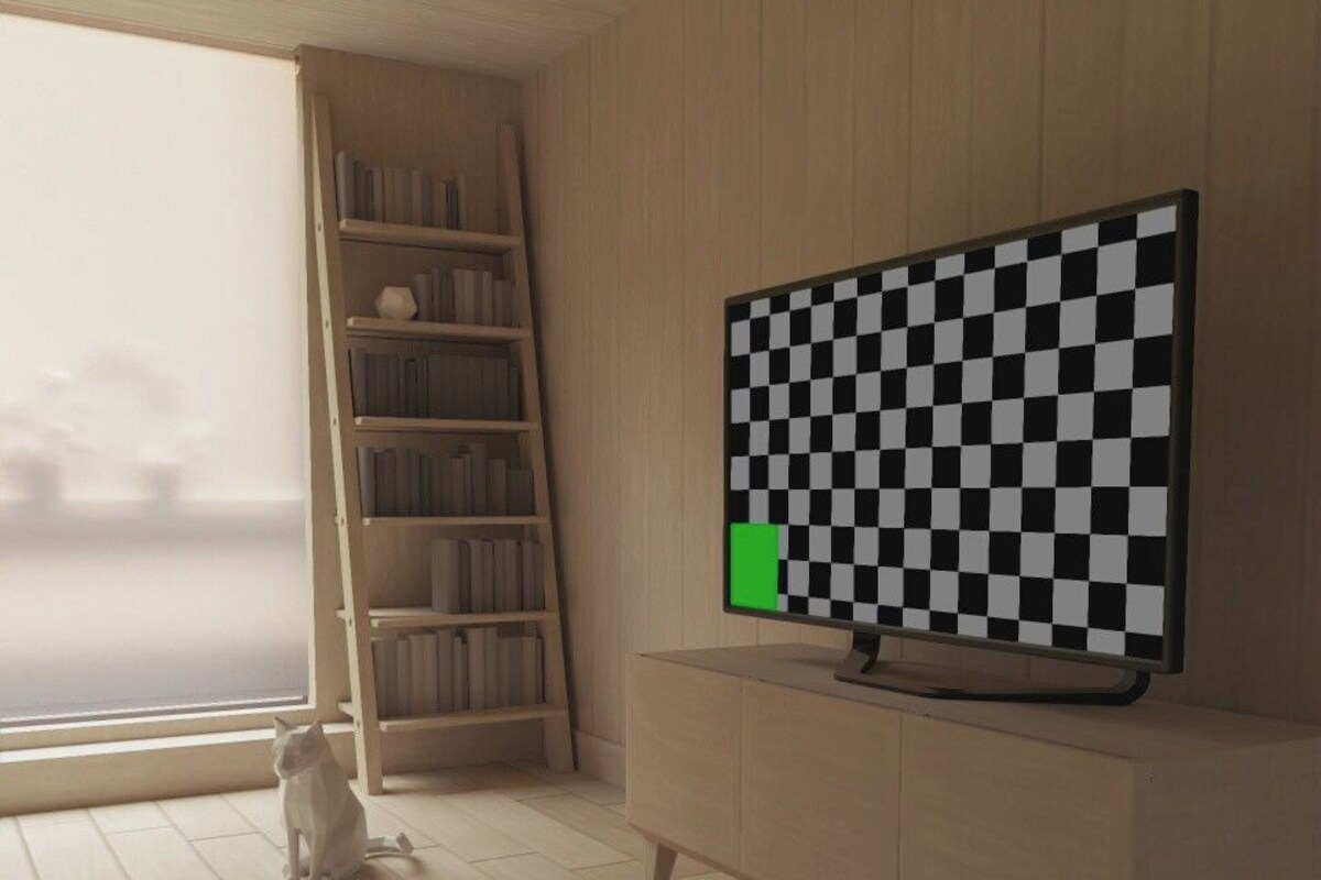A room with a television on a stand, a bookshelf, a cat, and a window.