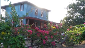 A two-story house with a blue exterior and a porch. - Sugar Patch Inn (Hopkins)