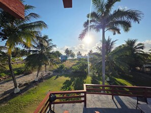 A balcony with a view of palm trees and a distant building. - Sugar Patch Inn (Hopkins)