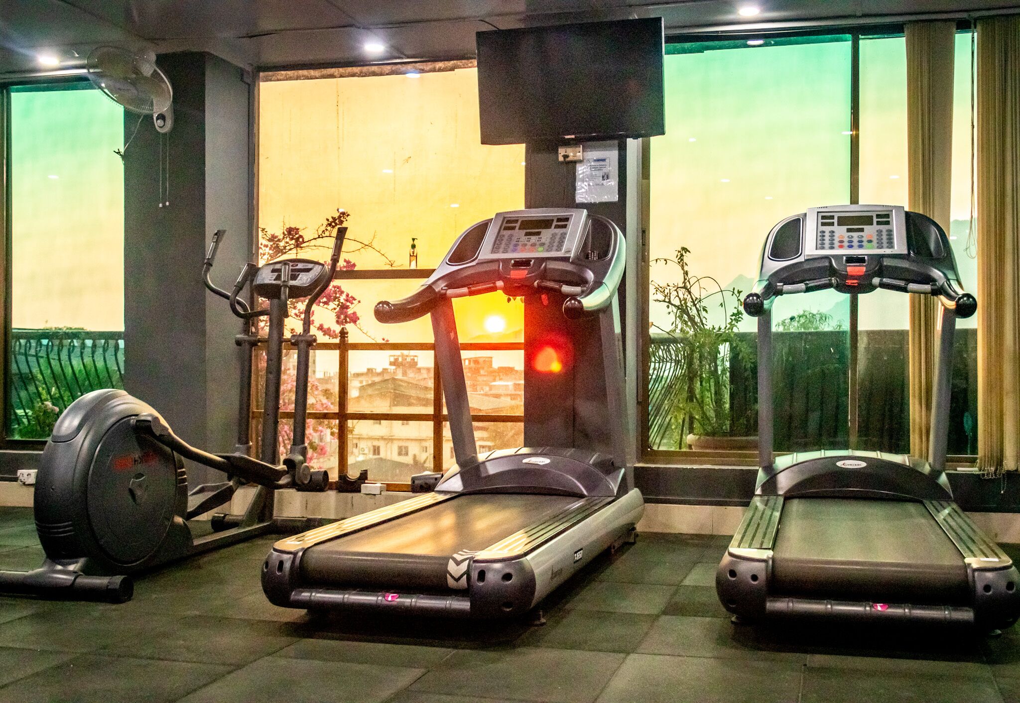 A gym with treadmills, a stationary bike, and a rowing machine.