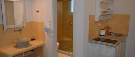 A bathroom with a sink, mirror, toilet, and shower area.