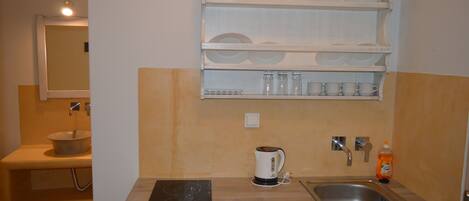 A compact kitchen with a sink, a kettle, and a dish rack.