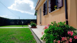 Ein Haus mit Garten, einem gepflasterten Weg und einem Hecken im Hintergrund.