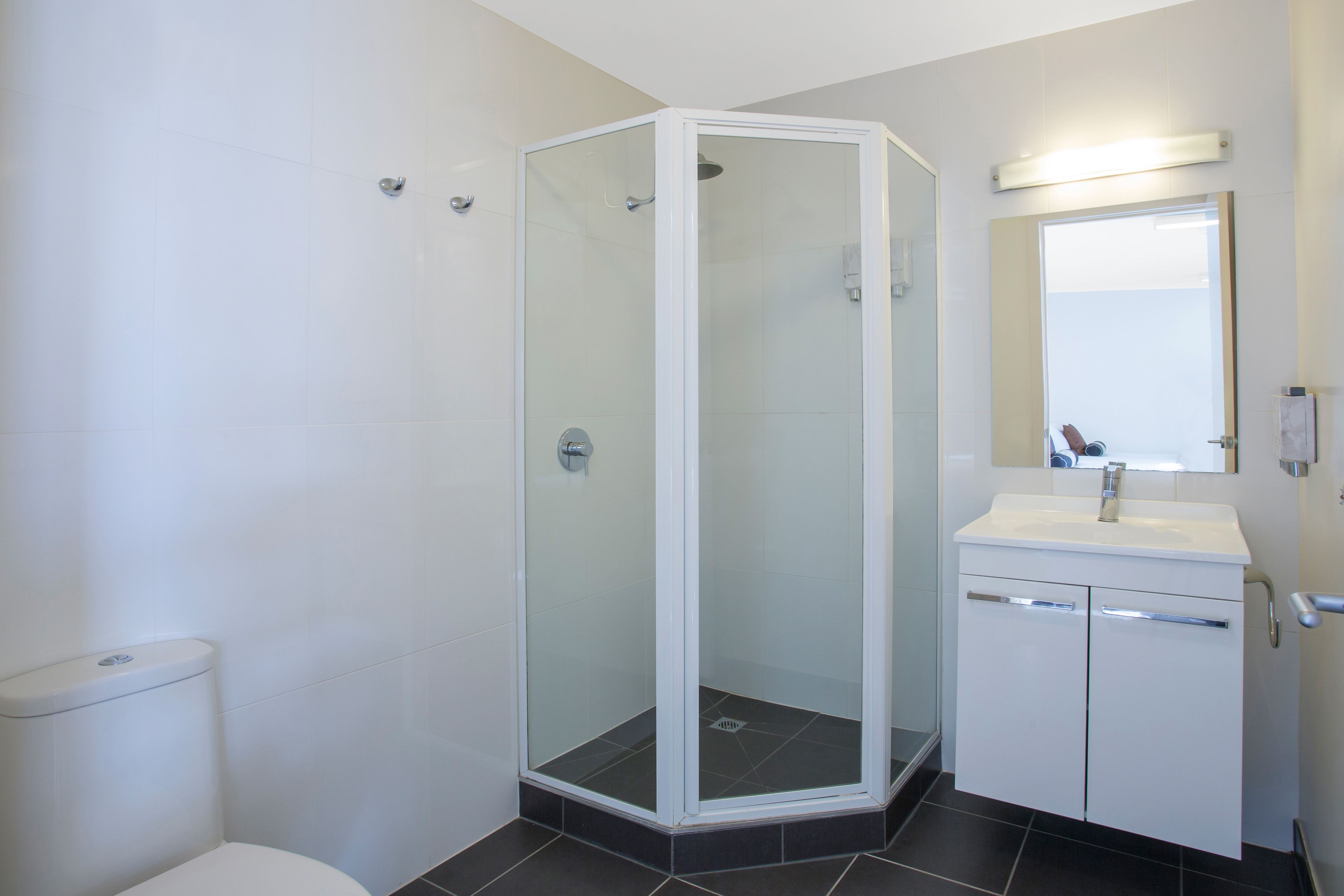 A modern bathroom with a glass-enclosed shower, a white sink with a mirror above it, and a toilet.