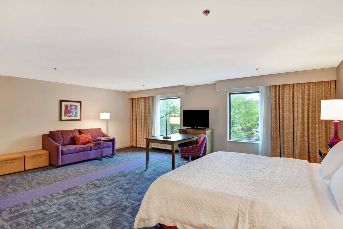 A hotel room with a large bed, a desk, a sofa, and a TV.