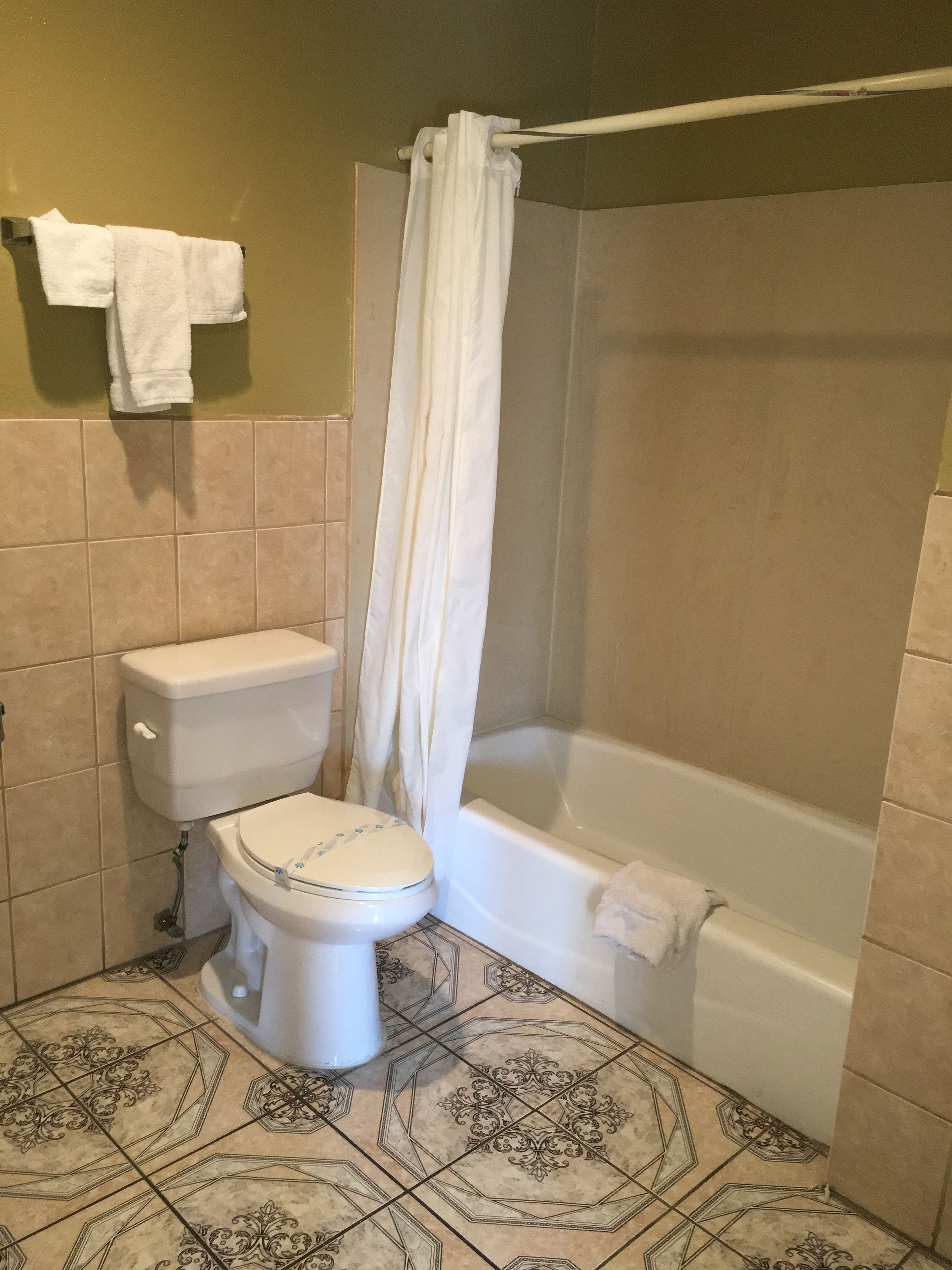 A bathroom with a toilet, a bathtub, and a shower curtain.