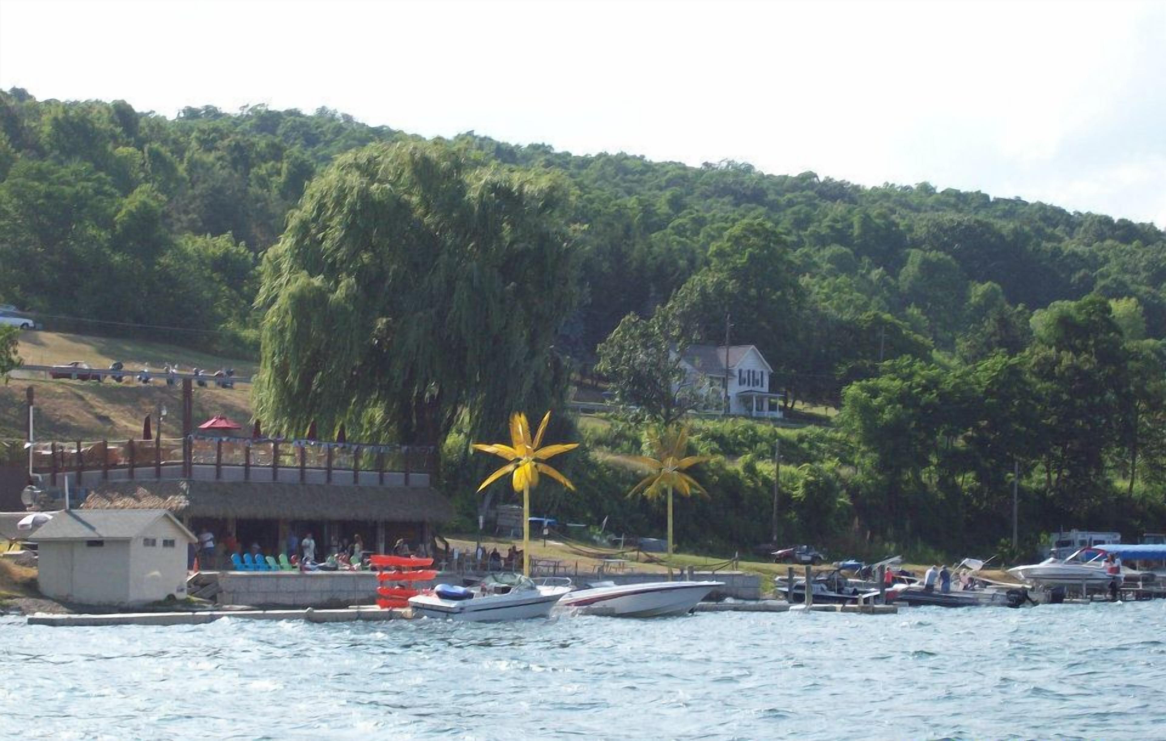 A waterfront area with boats docked, a small building with a thatched roof, and a hill with dense greenery in the background.
