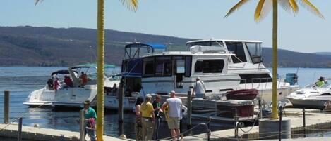 A marina with boats docked, a dock with people, and palm trees.