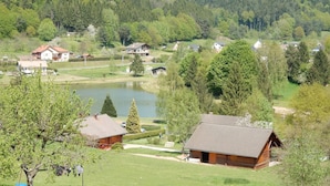 A rural landscape with houses, a pond, and dense forest.