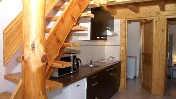 Fridge, microwave, high chair