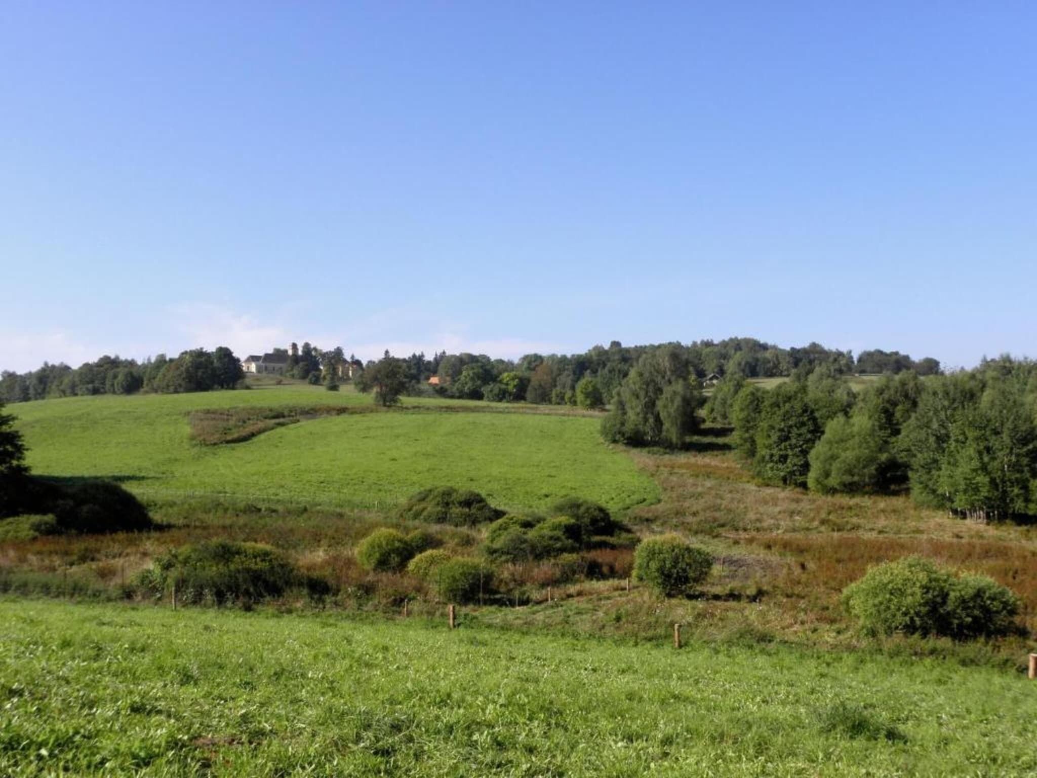 A rural landscape with rolling green fields, scattered trees, and a distant cluster of buildings.