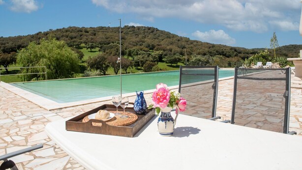 Zona de piscina amb un plat de menjar i begudes, un ram de flors, i vista a un paisatge verd i turons.