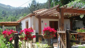 A rustic house with a wooden pergola, a tiled roof, and a garden with flowering plants. - Countryside Cottage with Private Terrace (Gondufe, Ponte de Lima)