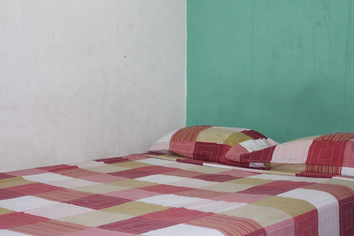 A single bed with a checkered quilt and two pillows, a plain white wall to the left, and a green wall to the right.