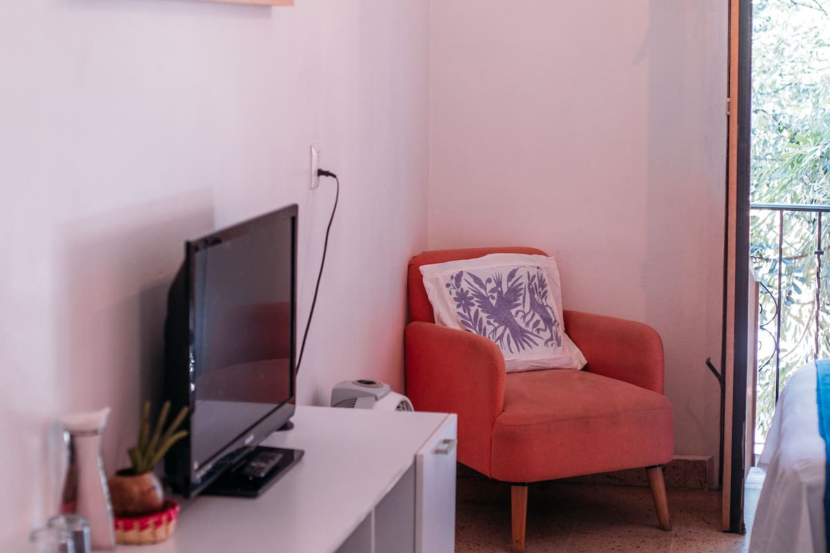A modern room with a flat-screen TV on a white cabinet, a red armchair with a patterned pillow, and a large window with a view of greenery.