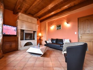 TV, fireplace, DVD player, foosball