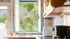 A kitchen with a window view of greenery, a sink, a coffee maker, and wooden cabinets.
