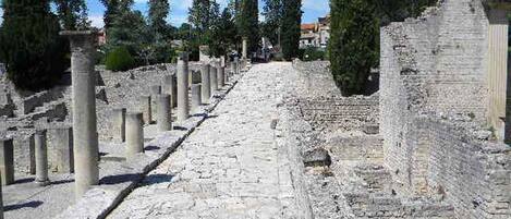 Un sendero de piedra antigua flanqueado por columnas, que conduce a un edificio clásico.