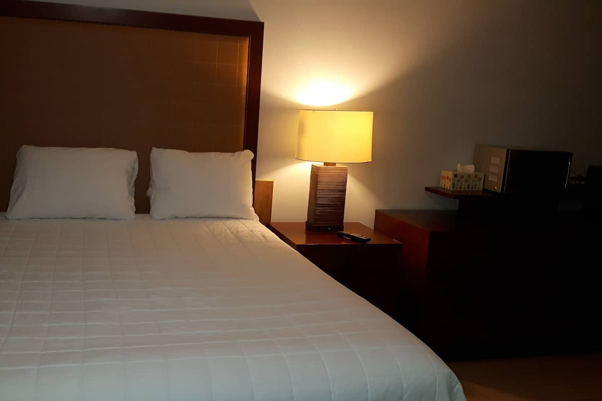A hotel room with a large bed, two pillows, a nightstand with a lamp, and a TV on a stand.