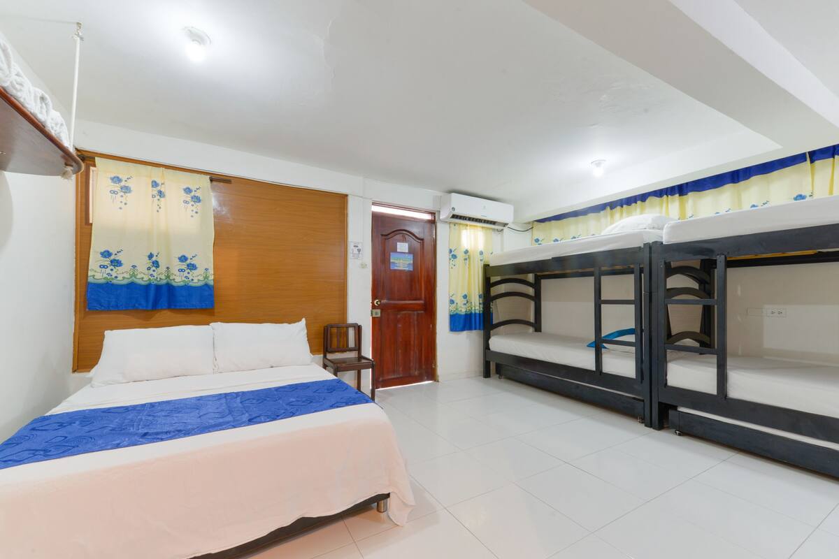 A hotel room with a single bed, a bunk bed, a wooden headboard, a chair, and a door.