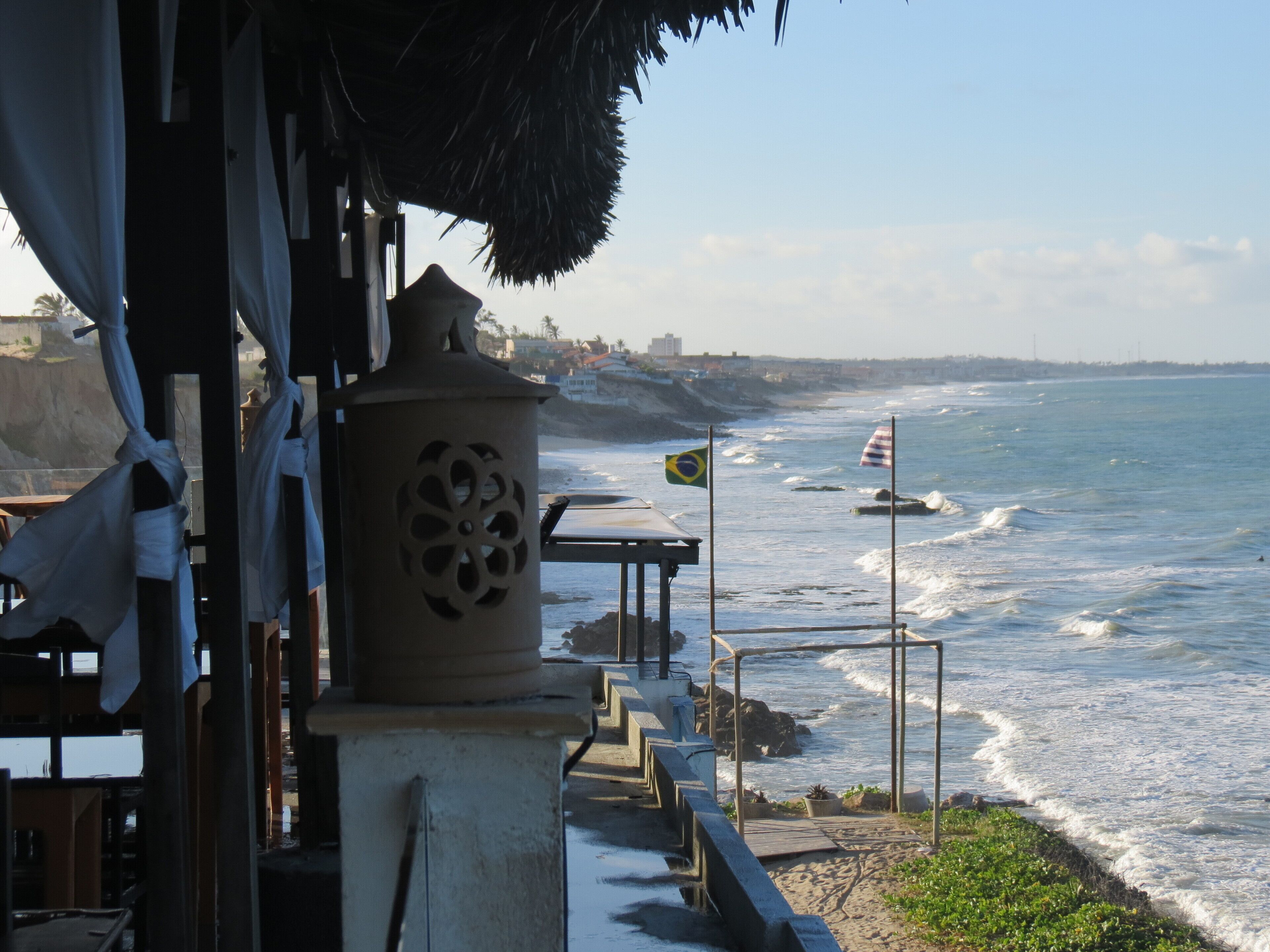 A coastal view with a beach, ocean waves, and a flag.