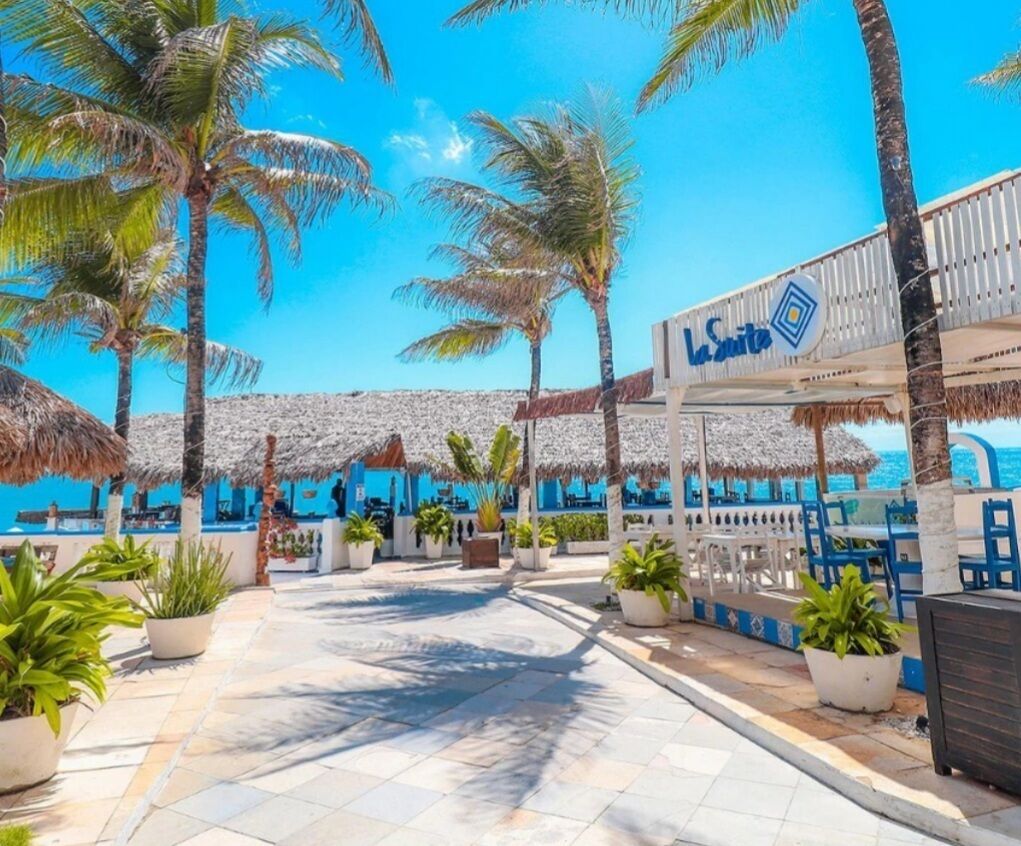 Un hôtel en bord de mer, doté d’une piscine, de palmiers et d’une enseigne indiquant « La Suite ».