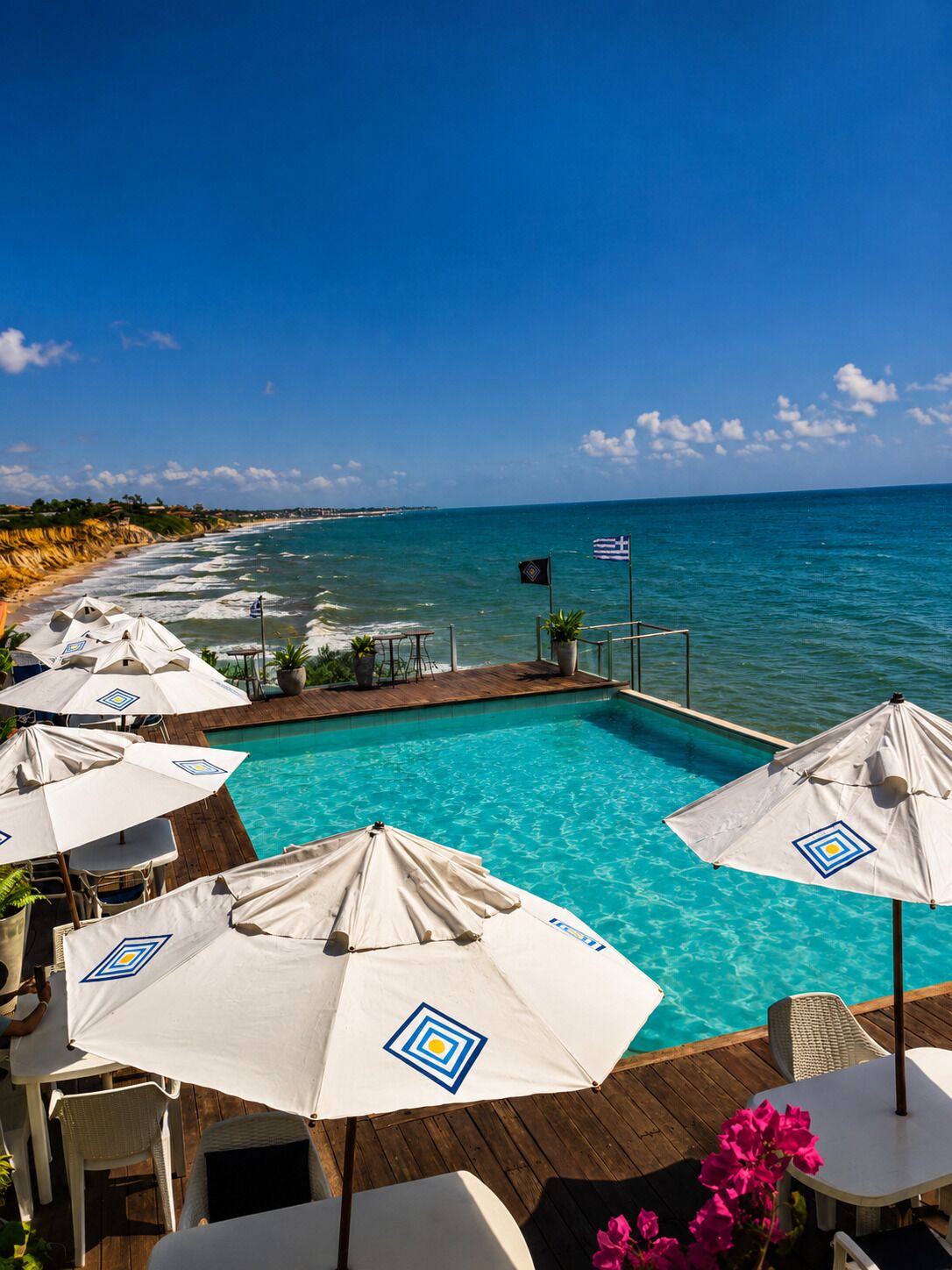 4 piscinas externas, funciona das 9h às 21h30, guarda-sóis