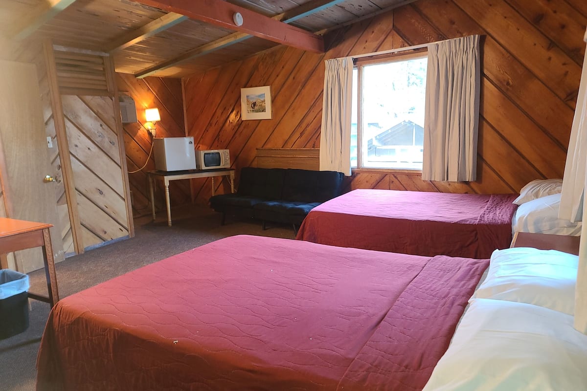 Una habitación acogedora con dos camas, una mesita con un televisor, un sofá y una ventana con cortinas.