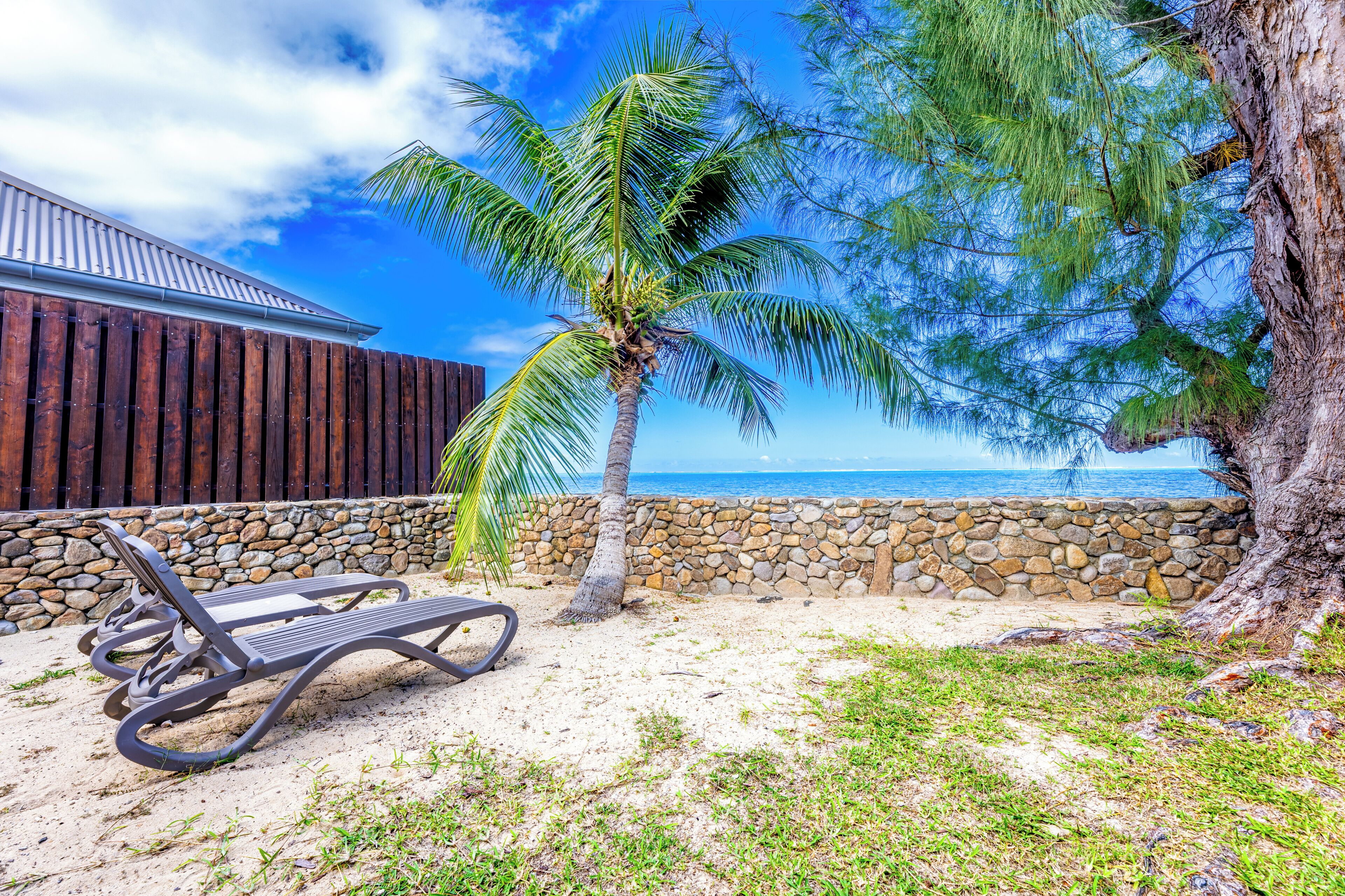 Eine Strandlounge mit Palme, Steinmauer und Blick auf den Ozean.