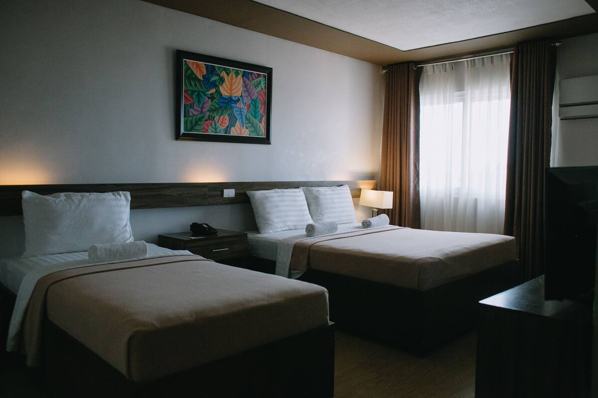 Una habitación de hotel con dos camas, una mesita de noche, un escritorio, un televisor y un cuadro en la pared.