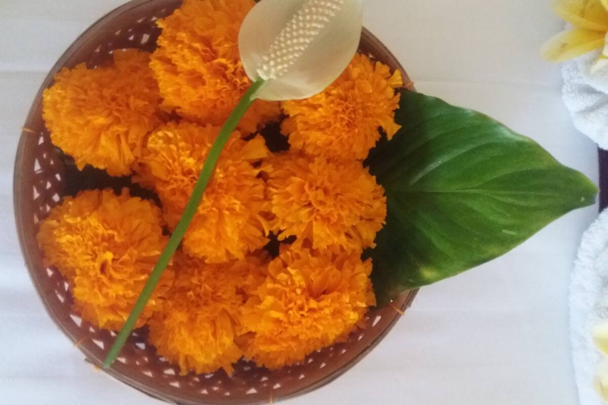 Un cuenco con flores anaranjadas, una hoja verde y un adorno blanco.