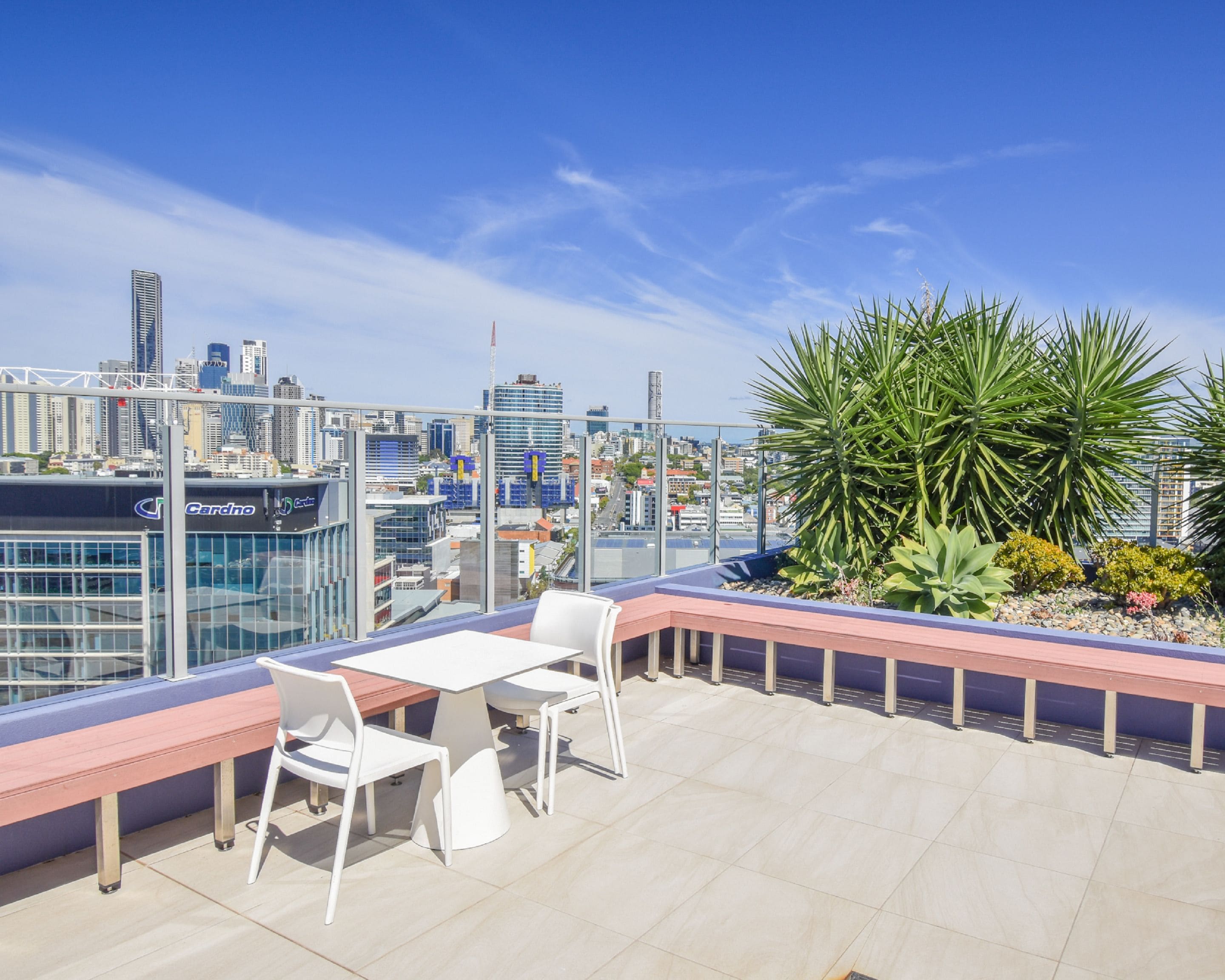 A rooftop terrace with a table and chairs, a large plant, and a cityscape view.