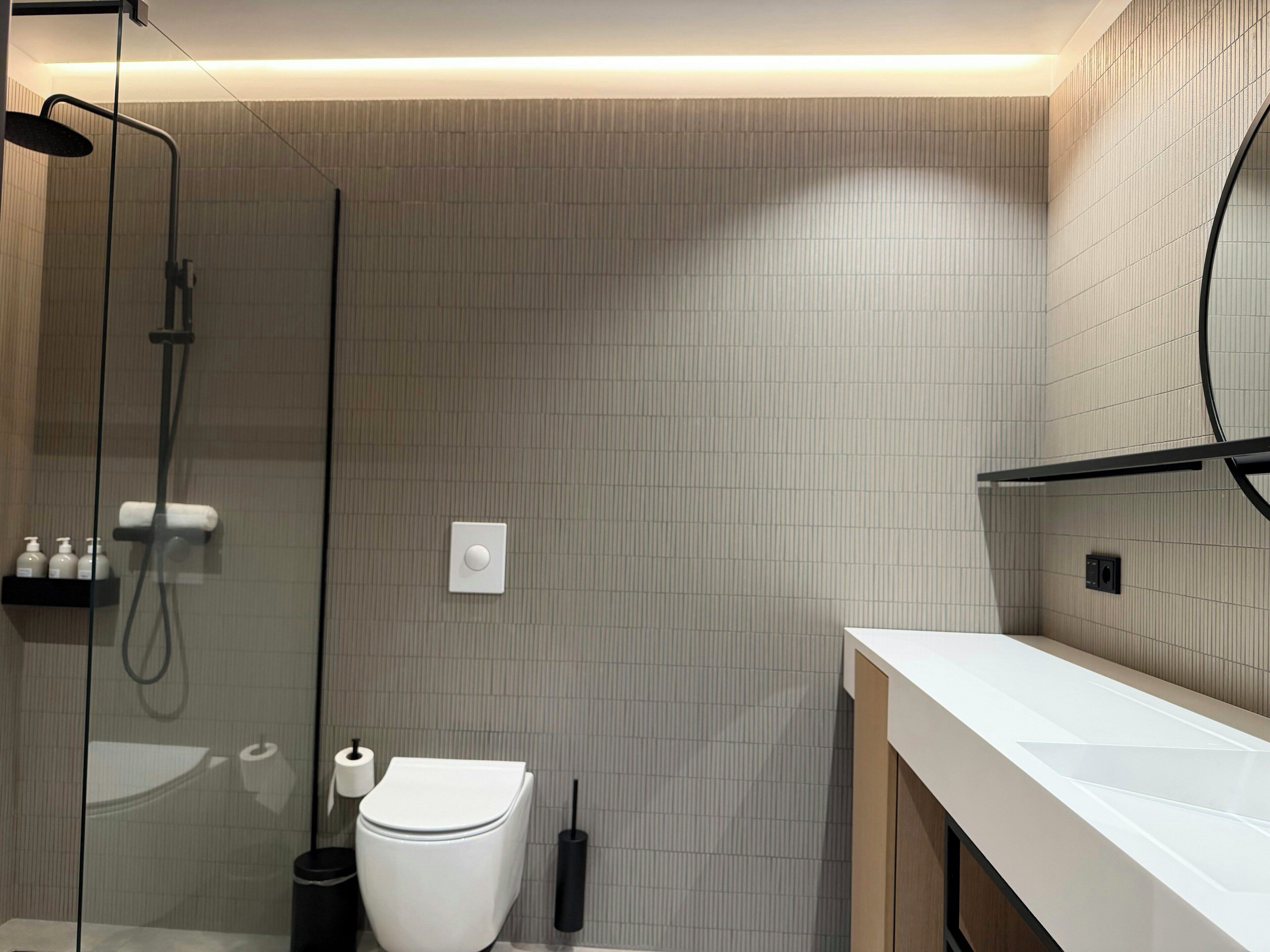 A modern bathroom with a glass shower enclosure, a toilet, and a white sink.