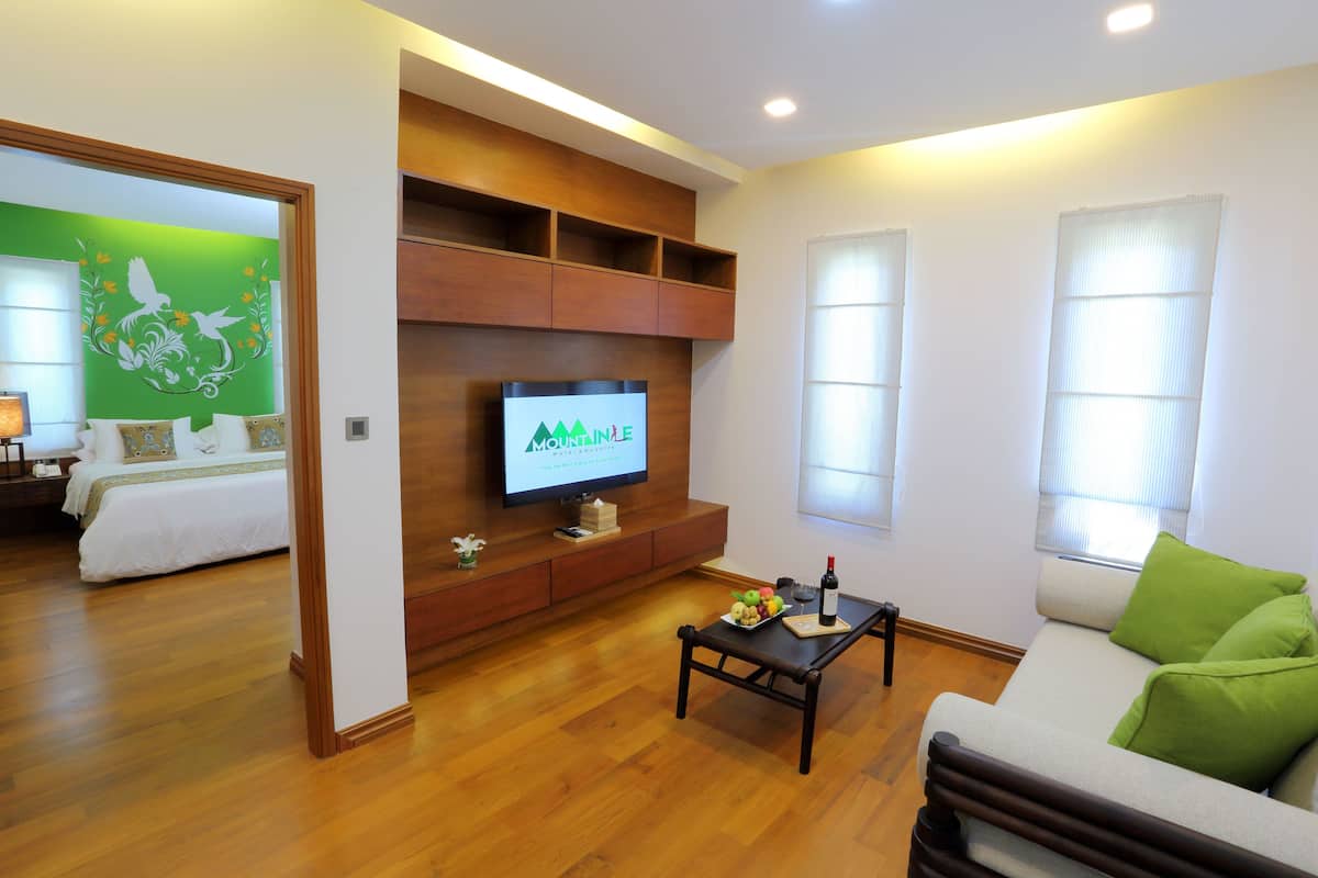 A modern living room with a flat-screen TV, wooden shelves, a sofa with green cushions, and a dining table with fruit and a bottle.